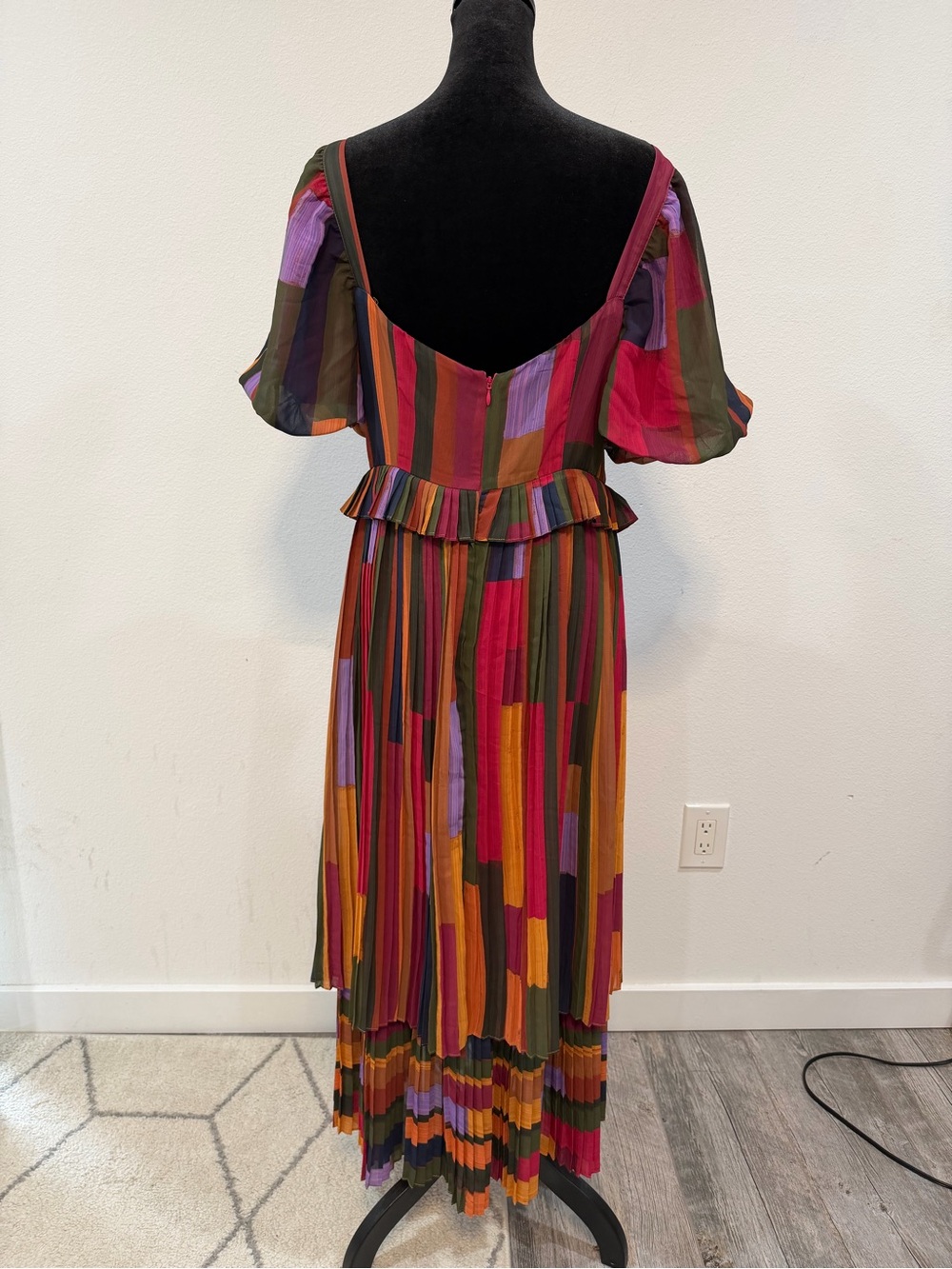 Farm Rio Multicolor Pleated Maxi Dress Puff Sleeve Sweetheart Neckline Size M - Picture 4 of 7
